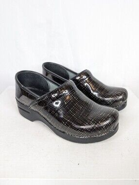 Dansko Black Crosshatch Metallic Patent  Leather Clogs - Size 10